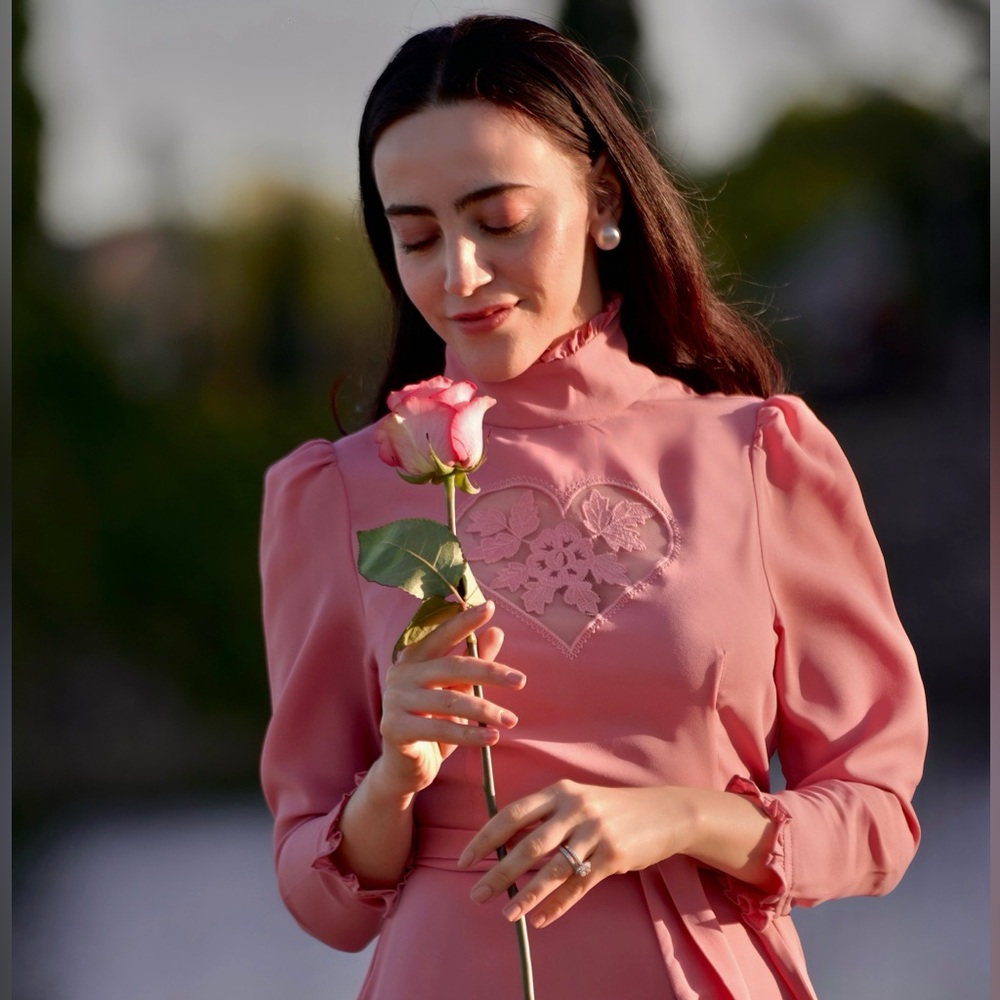Pink A-Line Dress with Puff Sleeves and Mock Neck